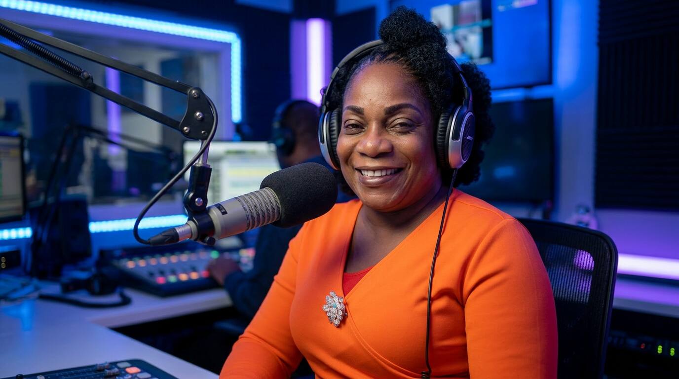 Christian radio DJ broadcasting in studio